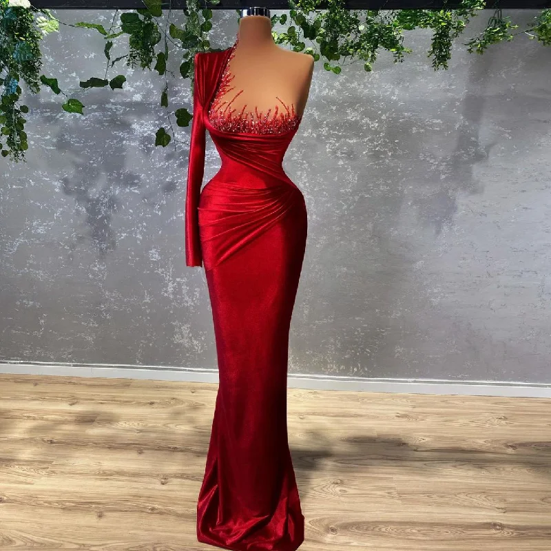 Save Big Modern Velvet One Shoulder Beaded Red Carpet Dresses Evening Gowns Women Mermaid Prom Dress Y1907