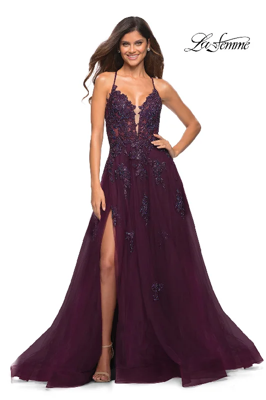 Update With Cottagecore Styles La Femme Open-Back Long Ball Gown with Lace