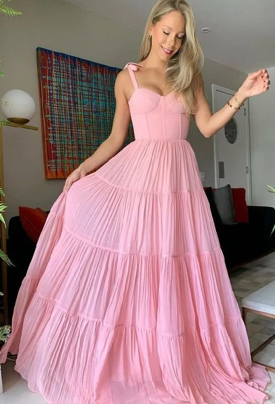 Beat The Heat In Tropical Styles Sweet Pink Chiffon Long Prom Dresses,A-Line Evening Gown,Pleated Ruffles Party Dresses Y1317