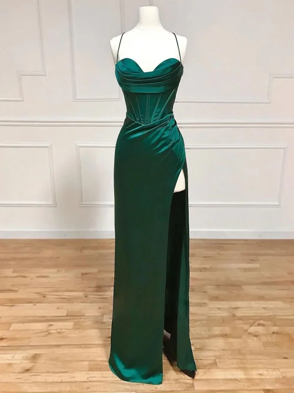 Clearance Event Sweetheart Neck Green Satin Long Prom Dresses with High Slit, Long Green Formal Graduation Evening Dresses SP2607