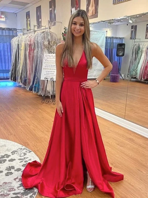 Trend Alert Simple V Neck Backless Red Satin Long Prom Dresses with High Slit, V Neck Red Formal Graduation Evening Dresses SP2126