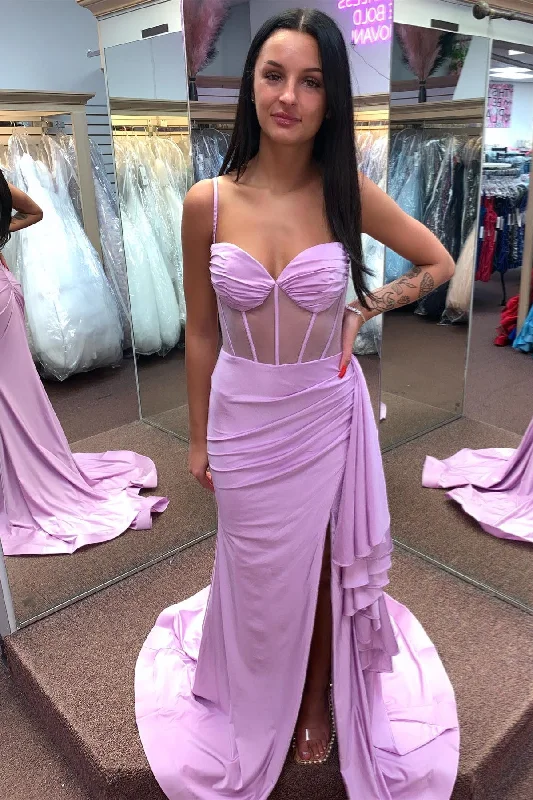 Winter Warm - Up Sale Lilac Cascading Ruffle Mermaid Satin Long Prom Dress with Slit