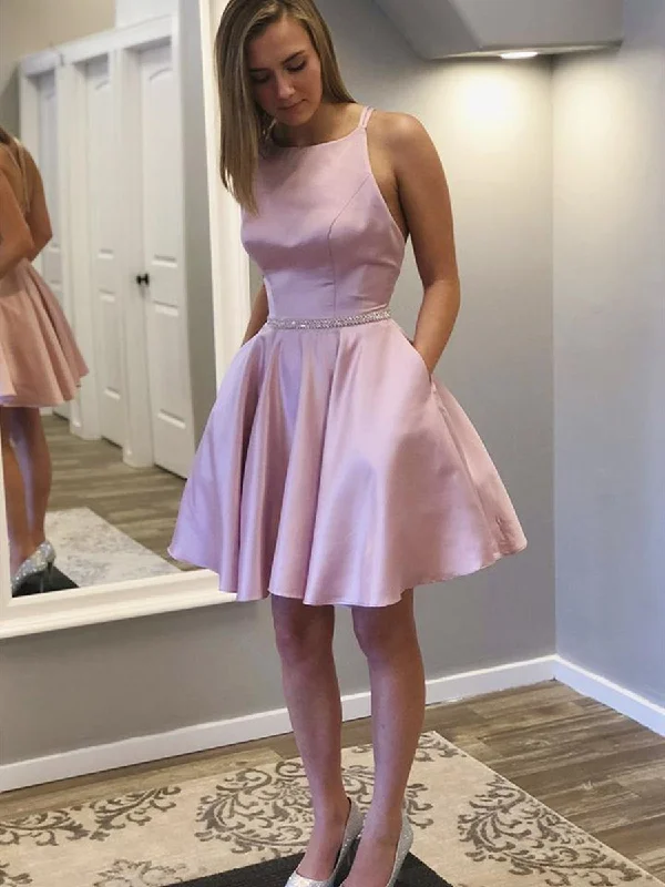 Spring Fling Sale Cute Backless Pink Satin Short Prom Dresses with Pocket, Short Pink Formal Graduation Homecoming Dresses