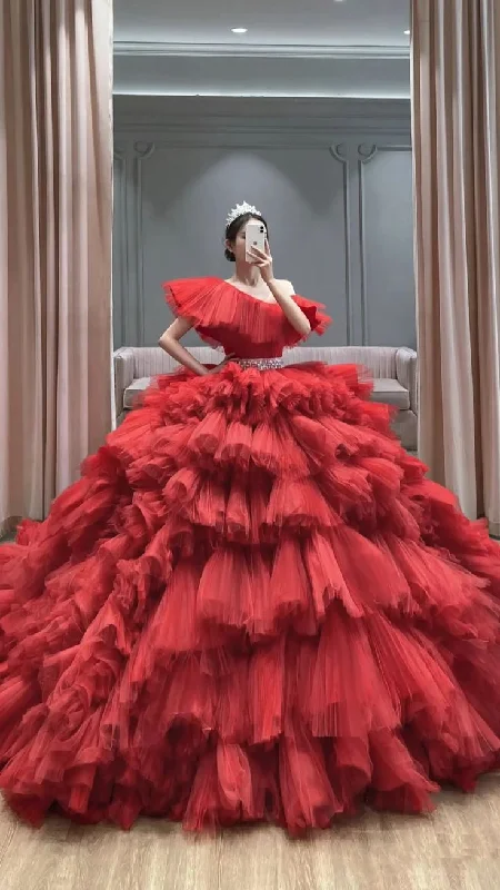 Anniversary Sale Stunning Red Multi-layered Tulle Ball Gown Sweet 16 Dress Y5361