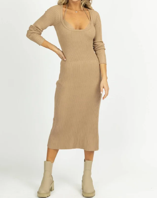 Limited-Time Offer Knit Layered Bra Midi Dress Set In Taupe