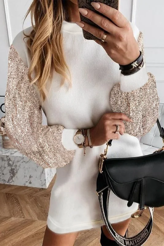 End Of Season Sale White Sequin Puff Sleeve Shift Mini Long Sleeve Sweater Dress