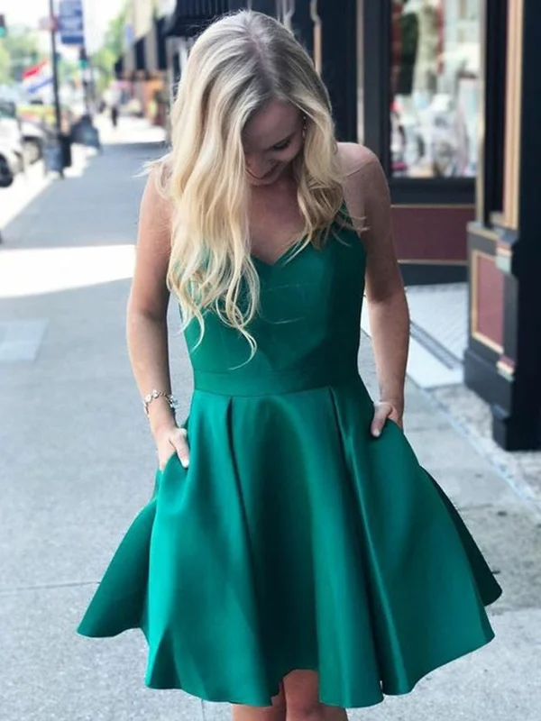 Chic Style V Neck Green Satin Short Prom Dresses, Short Green Homecoming Graduation Dresses, Open Back Green Formal Evening Dresses