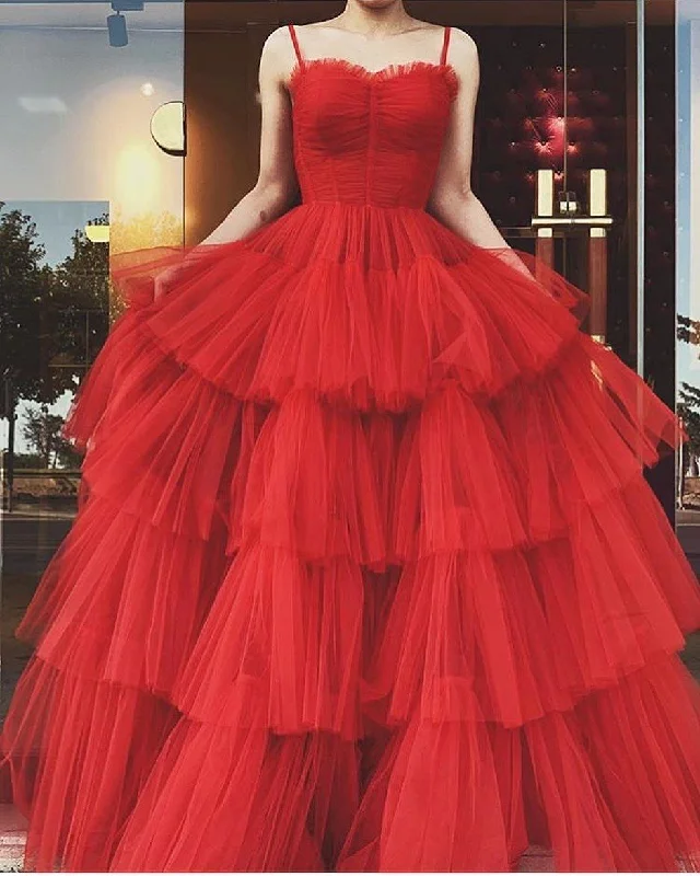 Summer Fashion A-line Spaghetti Straps Red Tulle Tiered Prom Dress,Red Evening Gown  Y4644