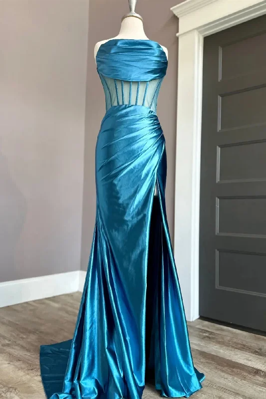 Evening Looks Blue Satin Strapless Pleated Mermaid Long Prom Dress with Slit