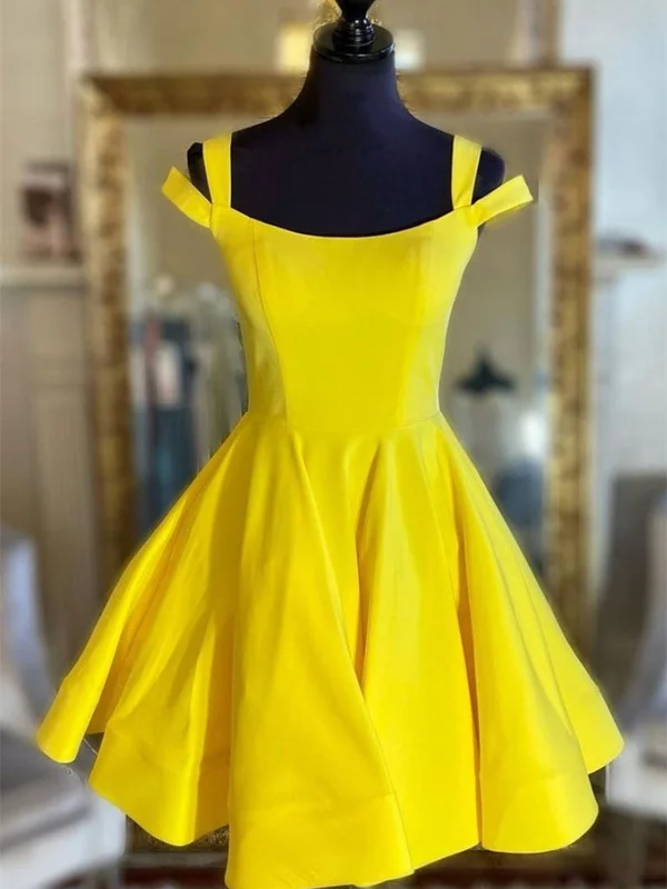 Update With Cottagecore Styles Off Shoulder Yellow Satin Short Prom Dresses, Off the Shoulder Yellow Homecoming Dresses, Short Yellow Formal Evening Dresses