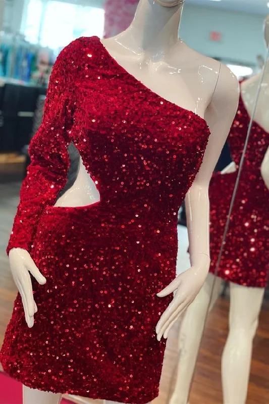 Limited-Time Offer Sexy One Shoulder Long Sleeve Red Sequin Party Dress     S3152