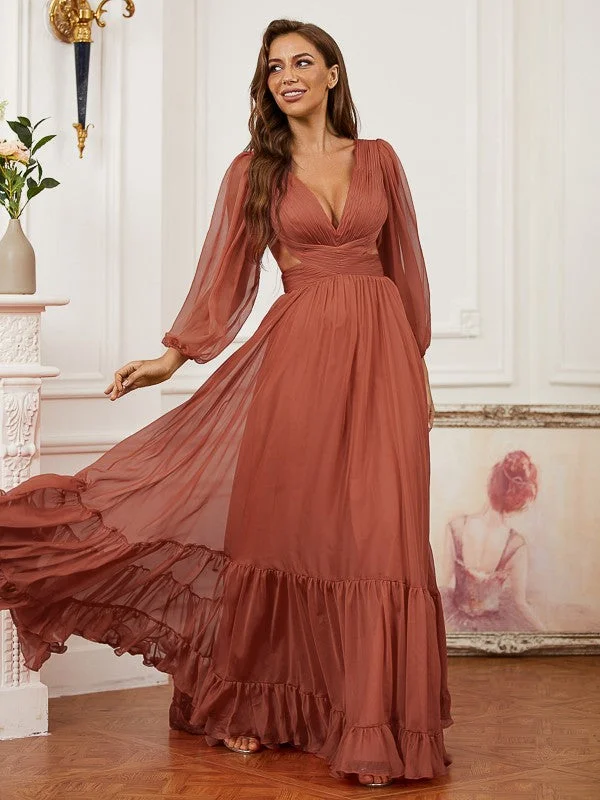 Fashionista Favorites A-Line/Princess 30D Chiffon Ruffles V-neck Long Sleeves Sweep/Brush Train Dresses