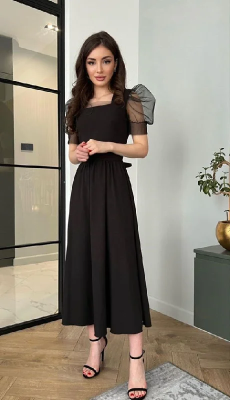 Flash Deals A-Line Puffy Sleeves Evening Dress Black Simple Square Collar Party Gowns For Women Y4558