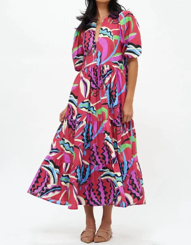 Score Big On Glamorous Red - Carpet Styles Puff Sleeve Maxi Dress In Rhubarb Fergana