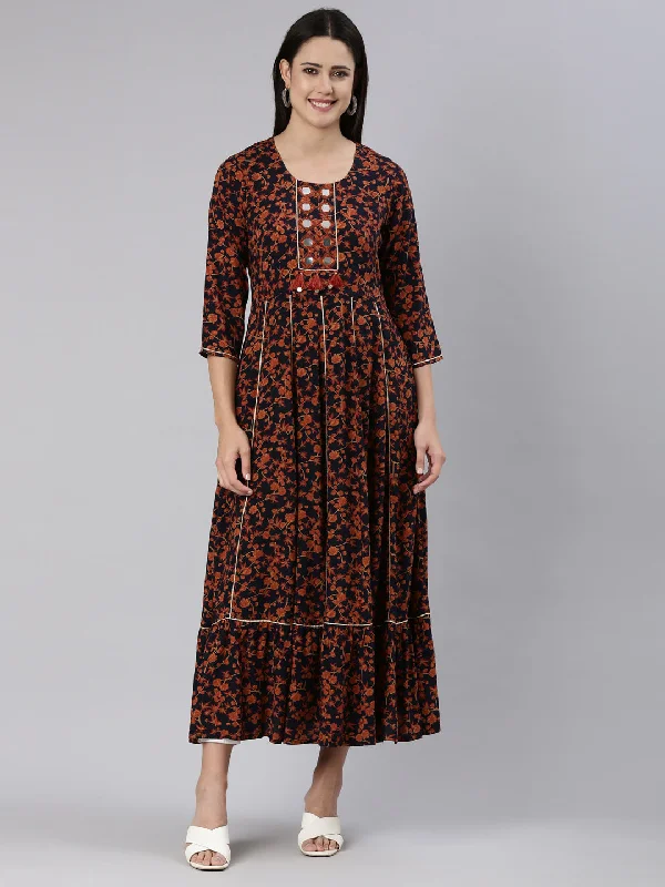 Stylish Looks Neeru's Navy Blue Straight Casual Floral Dress