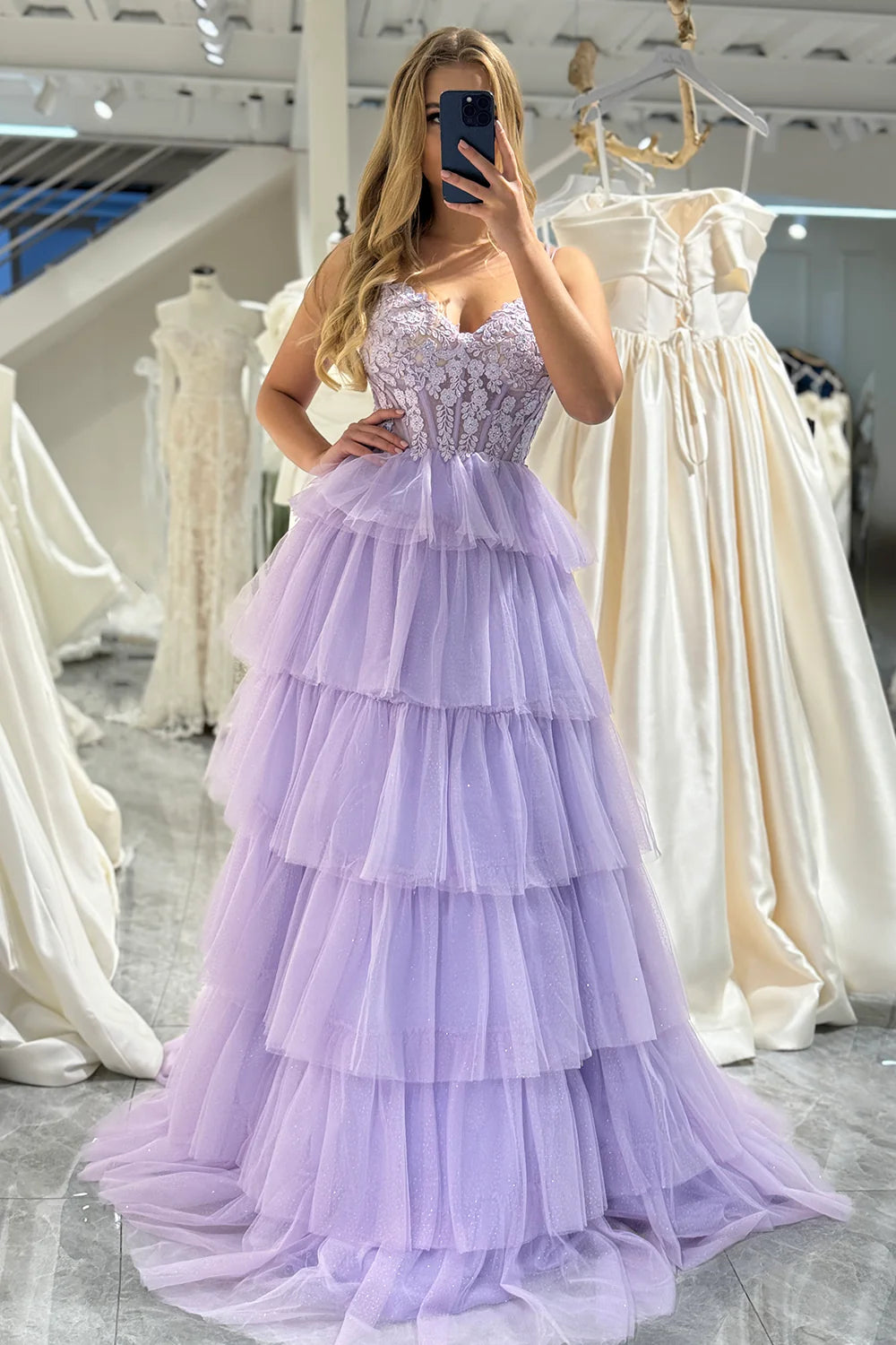 Special Occasion Wear Amzcw Lilac Tulle A Line Corset Tiered Long Prom Dress With Appliques prom dresses with long sleeves