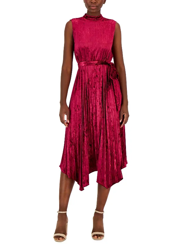 Elegant Style Womens Velvet Pleated Midi Dress