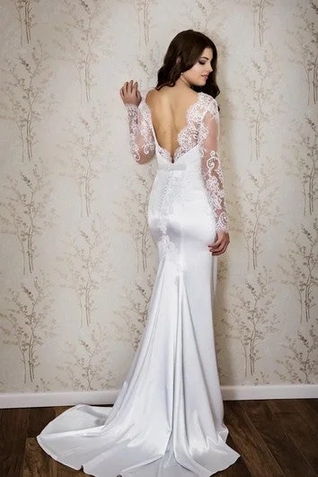 Season Sale Lace and Satin Mermaid Dress With Long Sleeves and Deep-V Back