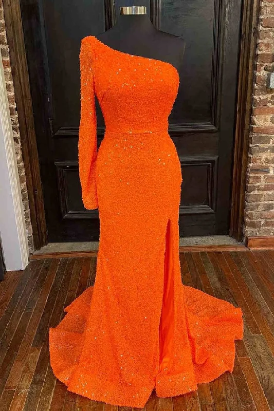 Latest Fashion Orange Long Sleeve Sequined Prom Dress with Slit     S3774