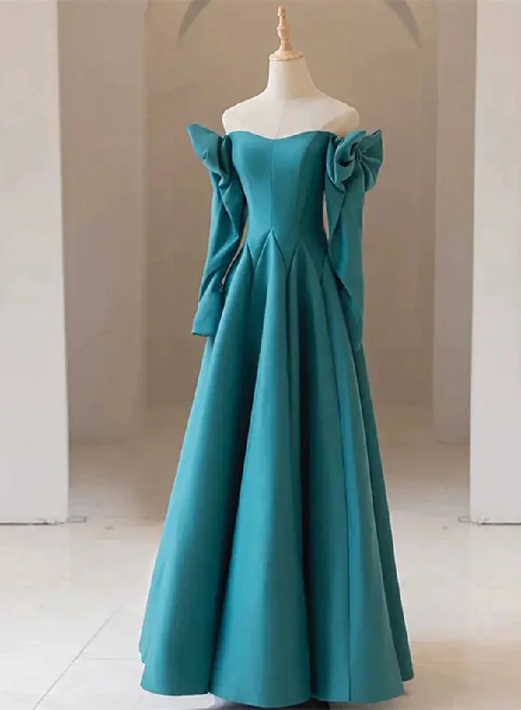 End - Of - Month Blowout Teal Blue Long Sleeves with Bow A-line Sweetheart Prom Dress, Teal Blue Evening Dress      S5171