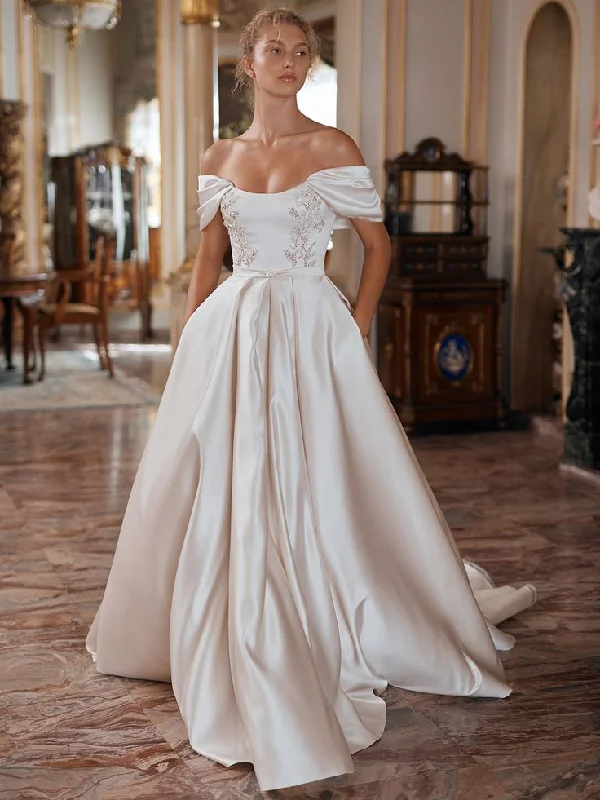 Exclusive Sale Off Shoulder Sleeve Soft Satin Wedding Dress