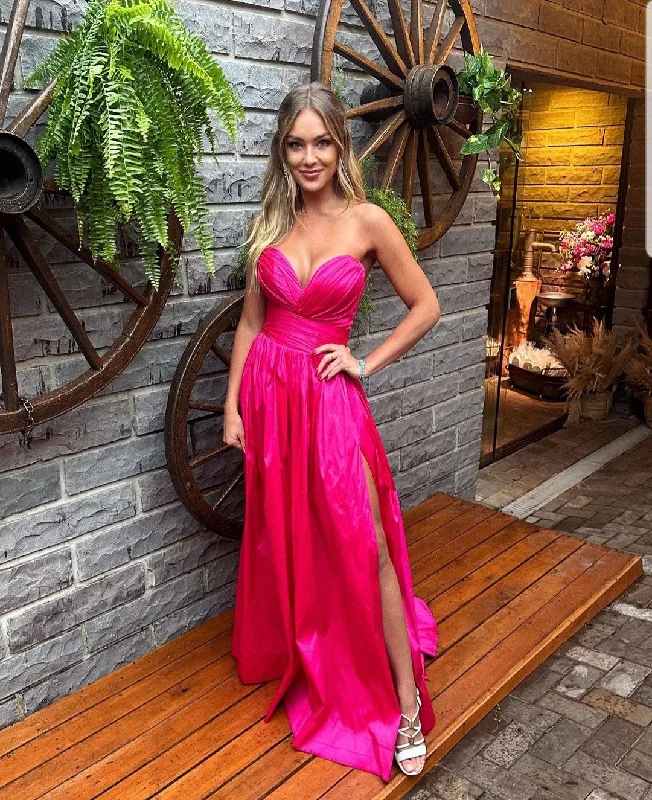 Clearance Event Hot Pink Sweetheart Prom Dress With Split,Hot Pink Formal Gown Y5166