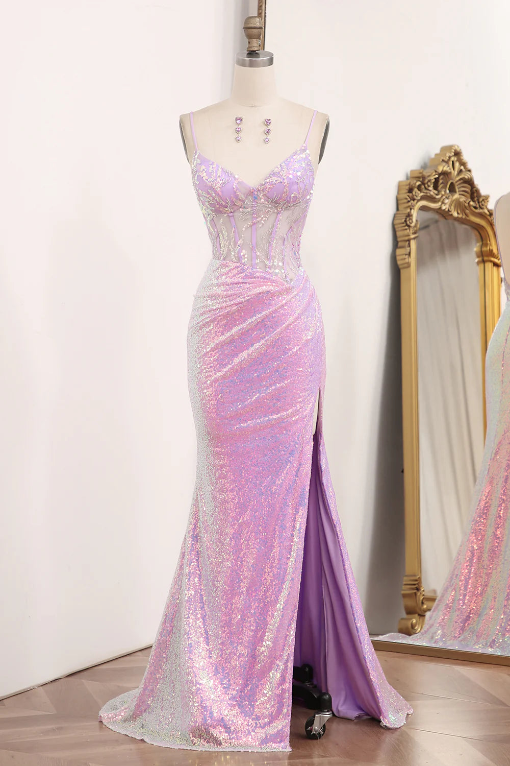 End - Of - Month Blowout Amzcw Sparkly Light Purple Mermaid Backless Long Corset Prom Dress With Slit prom dresses with long sleeves