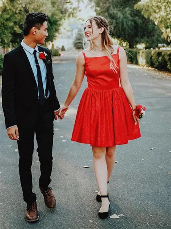 Big Savings On Rustic Countryside Styles Cute Red Satin Short Prom Dresses Homecoming Dresses, Mini Red Formal Dresses, Graduation Dresses