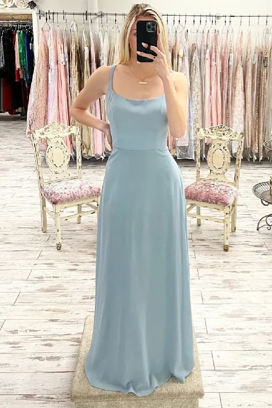 Update With Cottagecore Styles Dusty Blue Satin Scoop Neck Long Prom Dress