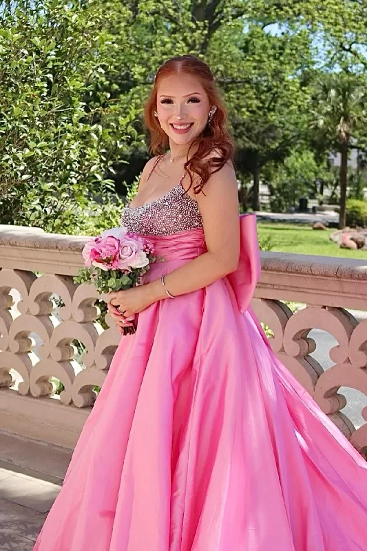 Casual Chic Beaded Pink Satin A-line Long Formal Dress with Bow