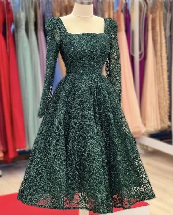 First Order Discount Chic Green Square Neck A-line Prom Dress,Green Party Gown Y6079