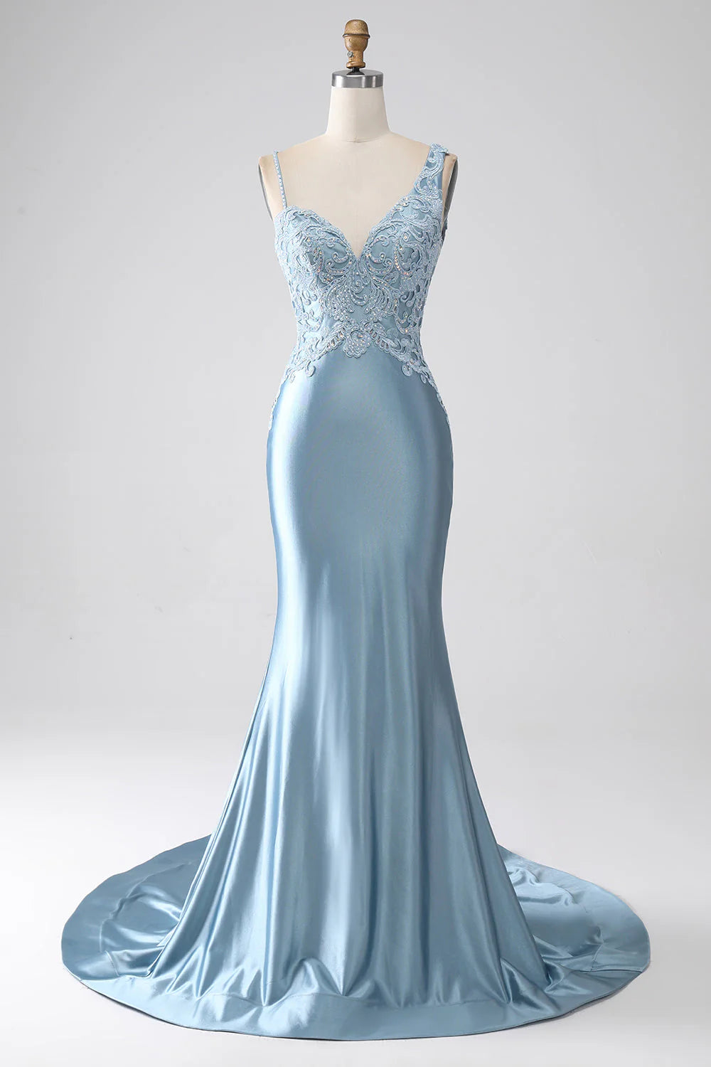 Limited-Time Offer Amzcw Grey Blue Mermaid Spaghetti Straps Long Beaded Prom Dress With Appliques prom dresses with long sleeves