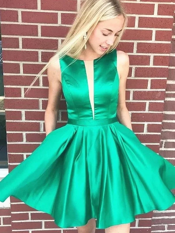 Fashion For Every Occasion Green Satin Backless Short Prom Dresses Homecoming Dresses, Open Back Green Formal Graduation Evening Dresses, Green Cocktail Dresses