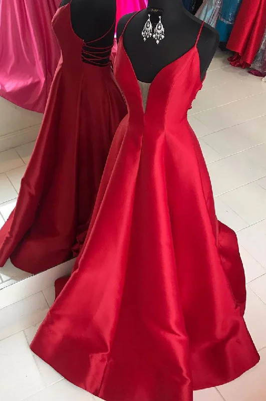 Special Occasion Wear Red Satin Long Prom Dress with Cross Back