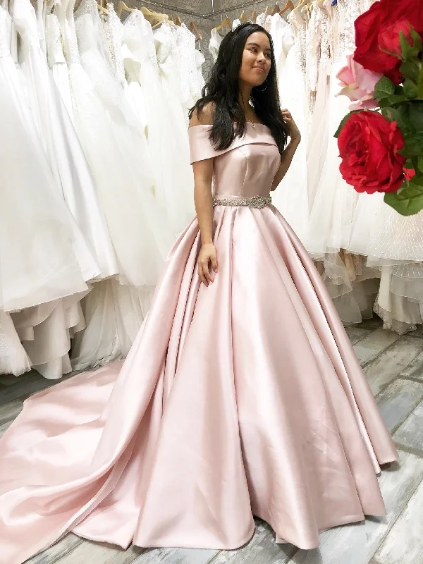 End - Of - Month Blowout Off the Shoulder Pink Satin Long Prom Dresses with Belt, Off Shoulder Pink Formal Graduation Evening Dresses SP2142