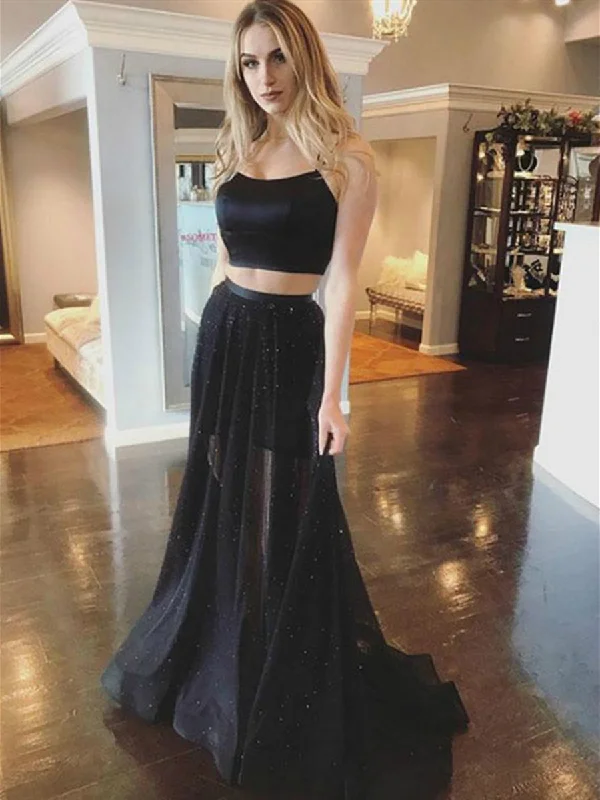 Exclusive Discount Two Piece Spaghetti Straps Mermaid Cross Back Satin Black Long Prom Dresses, 2 Pieces Black Formal Dresses, Black Graduation Dresses