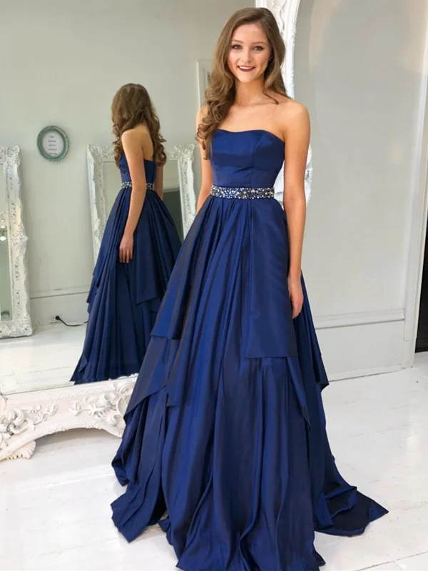 Big Savings Strapless Navy Blue Satin Layered Long Prom Dresses with Belt, Navy Blue Formal Graduation Evening Dresses SP2215