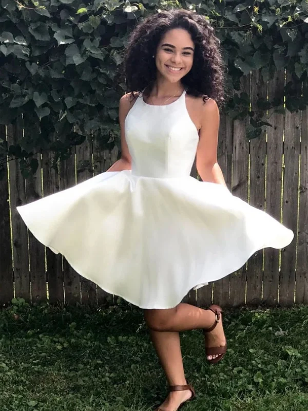 Season Sale Simple Round Neck White Satin Short Prom Dresses Homecoming Dresses, White Formal Graduation Evening Dresses