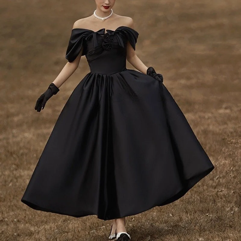 Limited - Time Bundle Off Shoulder Tea Length Little Black Wedding Dress Bridal Gown