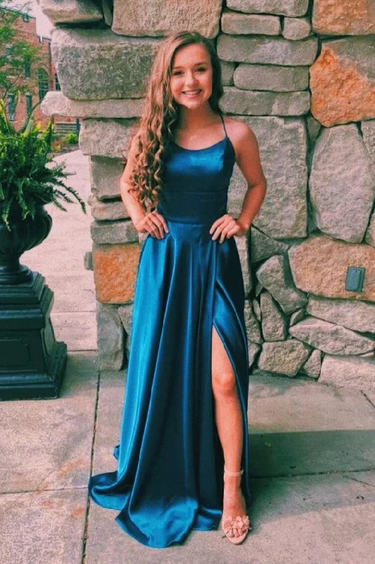 Wardrobe Refresh Teal Blue Silk Satin Scoop Neck Long Prom Dress with Slit