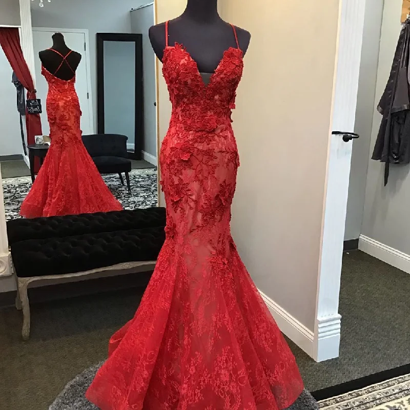 Discounts On Casual Weekend Styles Red Handmade Lace Appliques Evening Dress,Mermaid/Trumpet V Neck Red Formal Gown Y1402