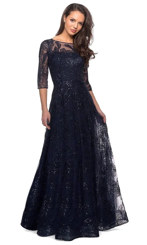 Women's Attire La Femme - 27942 Quarter Sleeve Sequined Lace A-Line Dress