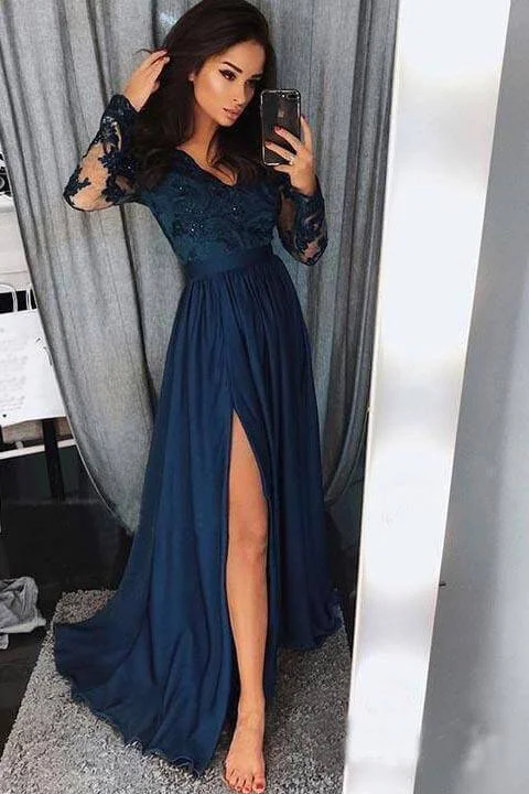 Hot Trends A line Long Sleeve V Neck Prom Dresses Slit Long Evening Dresses