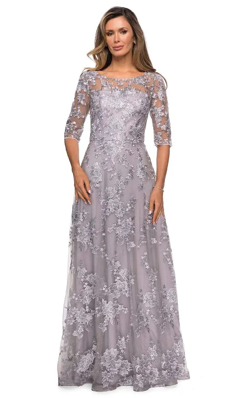 Women's Evening Wear for Special Occasions La Femme - 27854 Embroidered Lace Quarter Sleeve A-Line Dress