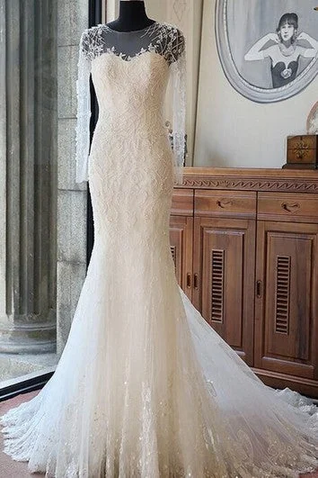 Wardrobe Essentials Illusion Scoop-neck Long Sleeve Mermaid Wedding Dress With Beading And Chapel Train