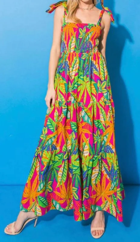 Update With Cottagecore Styles Palm Print Maxi Dress In Fuchsia