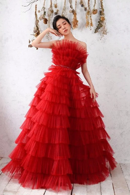 Score Big On Glamorous Red - Carpet Styles Red Tulle Long A line Ball Gown,Red Evening Dress Y3067