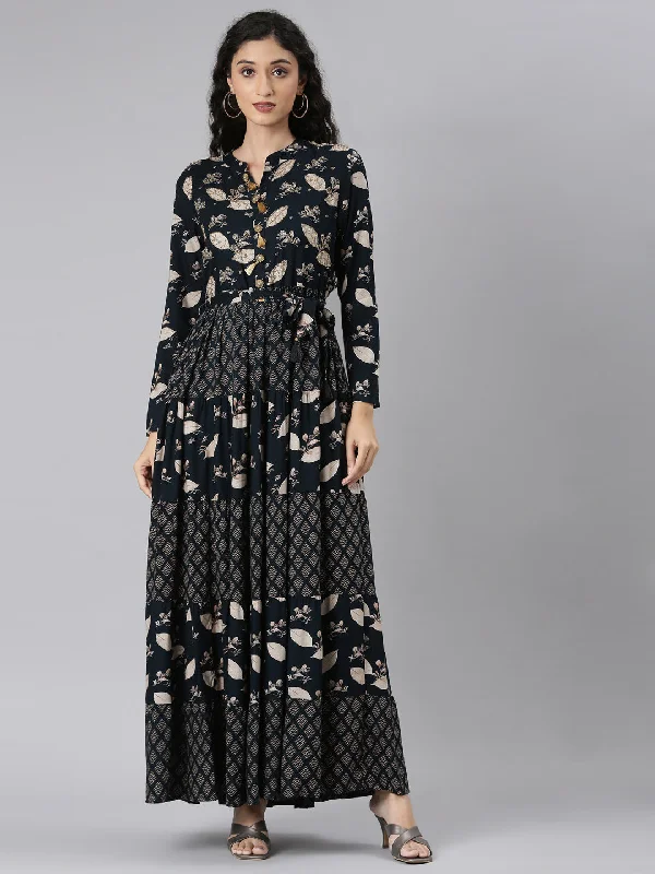 Spring Wardrobe Neerus Navy Blue Curved Casual Floral Maxi Dresses