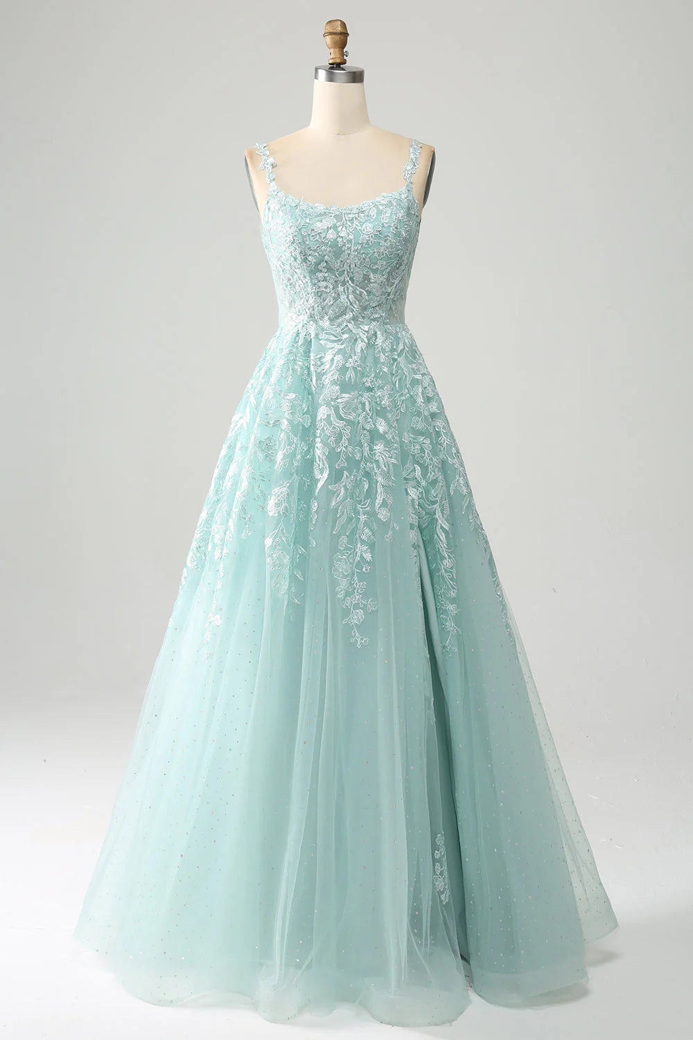 Wardrobe Essentials Amzcw Glitter Mint A-Line Spaghetti Straps Tulle Long Prom Dress with Lace prom dresses with long sleeves