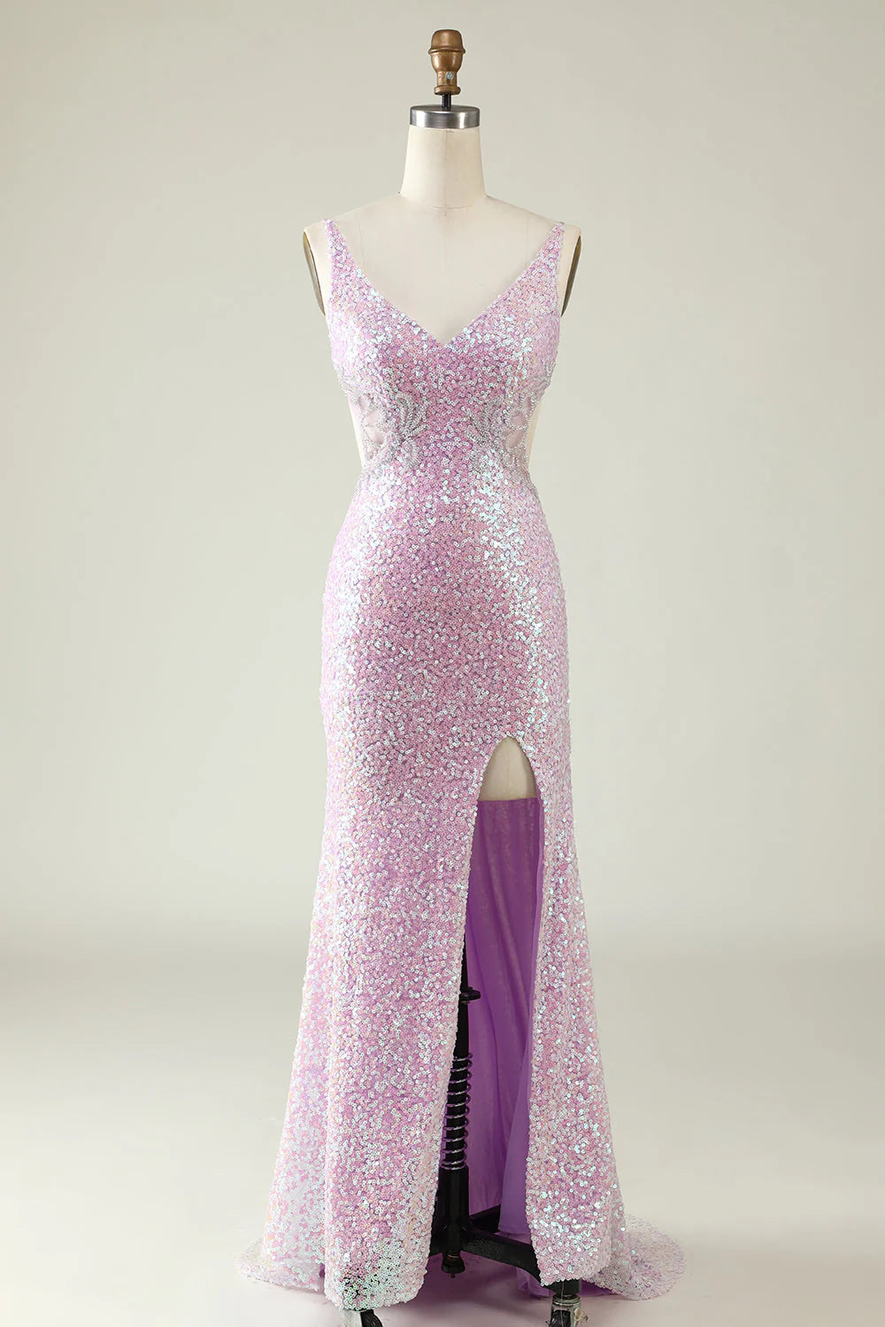 Chic Styles Amzcw Lilac Sheath V Neck Sequins Long Prom Dress with Split Front prom dresses with long sleeves